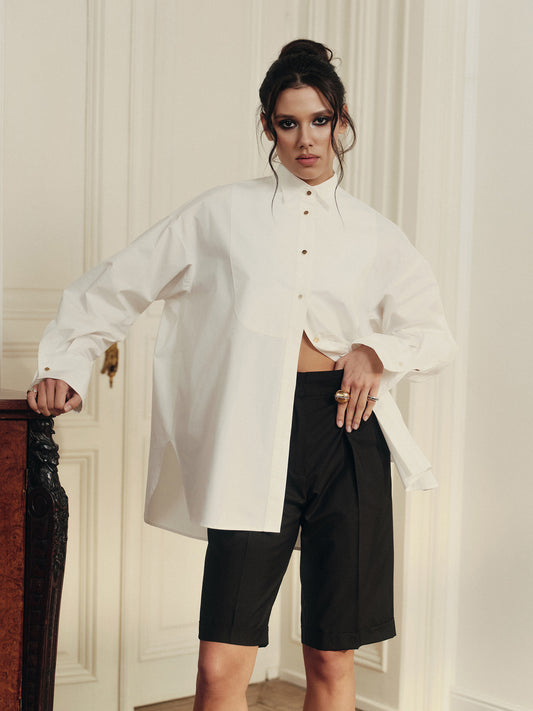 Bib-front oversized cotton shirt with accent gold buttons
