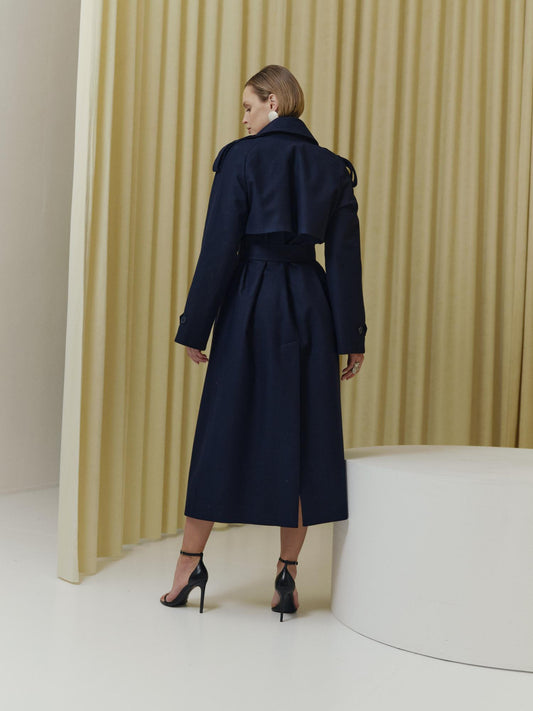 Wool blend waterproof trench coat in navy color