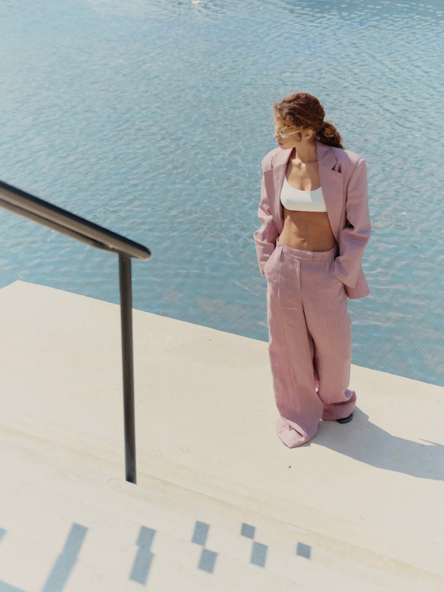Two-piece loose fit suit with Alex palazzo in dusty rose linen