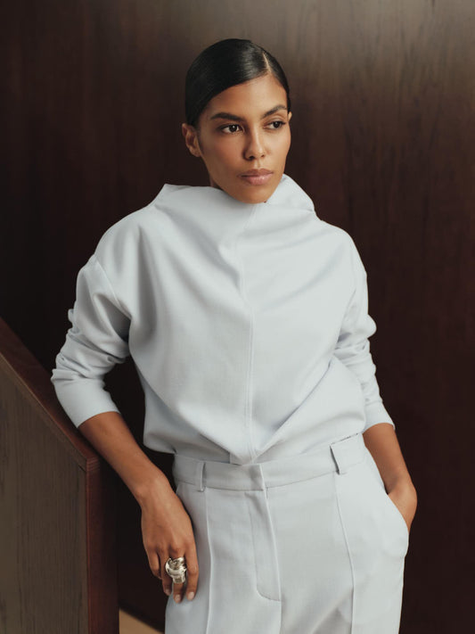 Two-piece wool set with high-neck loose longsleeve and regular fit pants