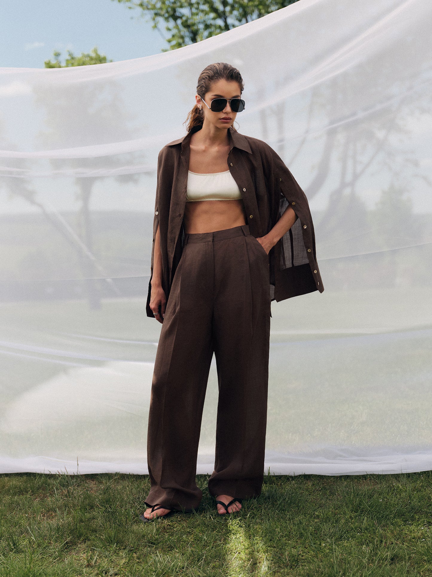 Oversized shirt with accent buttoned sleeves with wide-leg pants in tobacco silk linen
