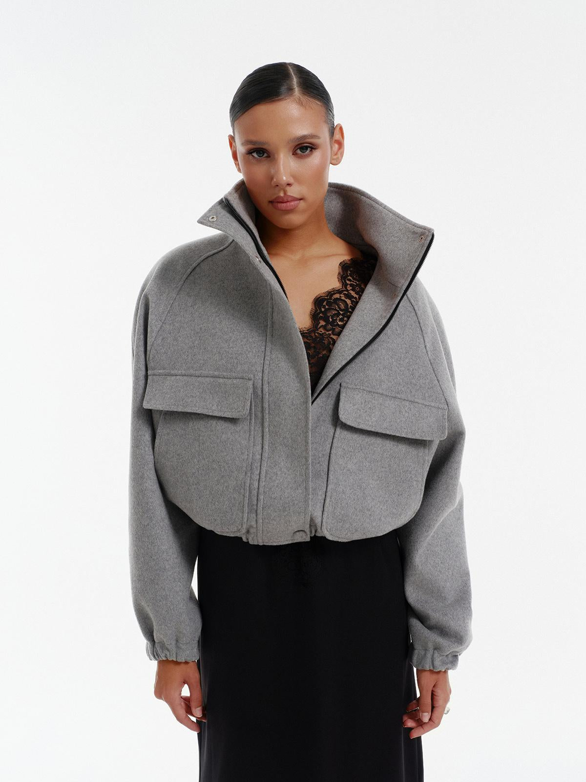 High neck bomber jacket in grey virgin wool
