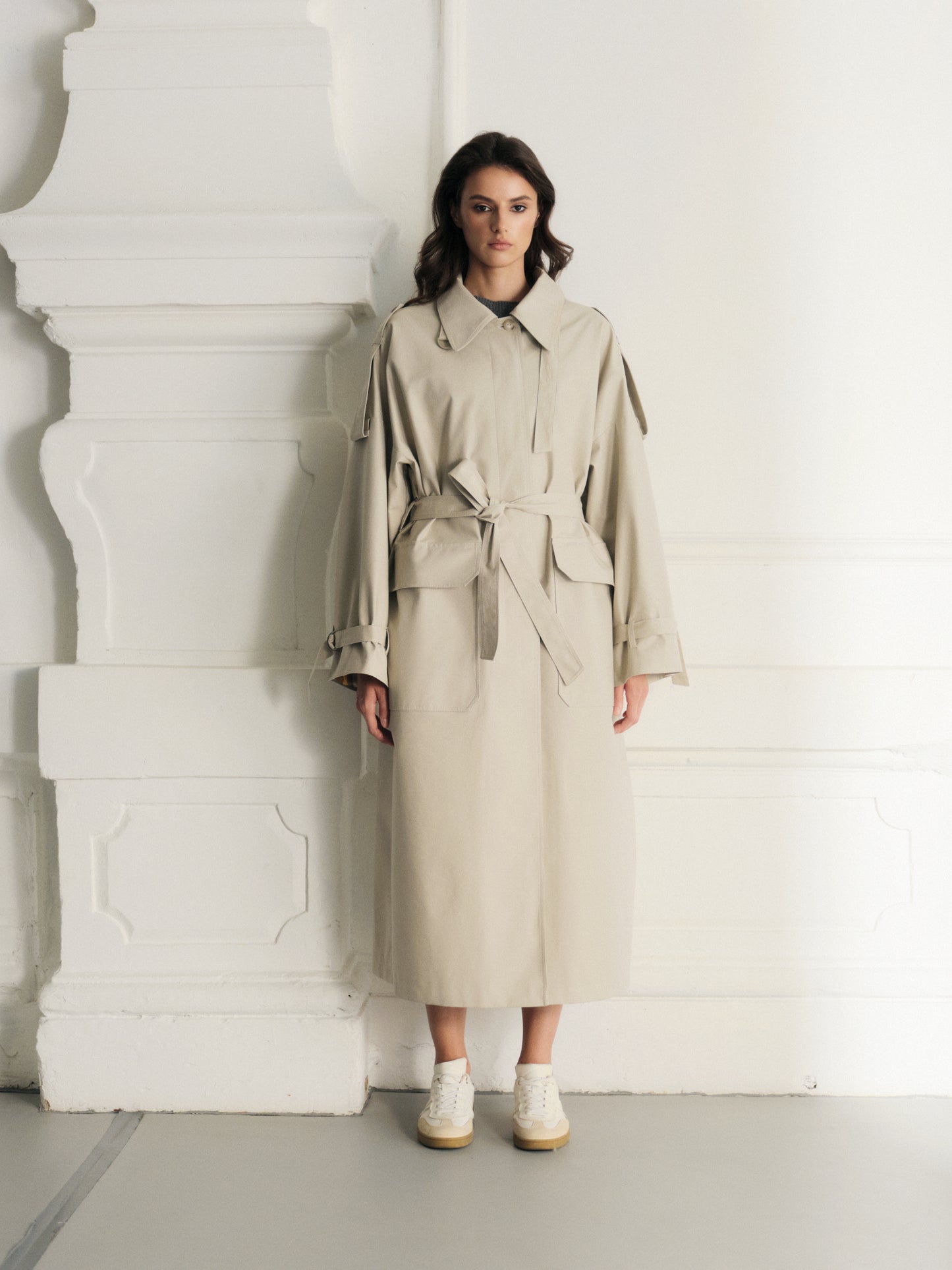 Brooklyn waterproof cotton maxi trench coat with accent rolled-up sleeves