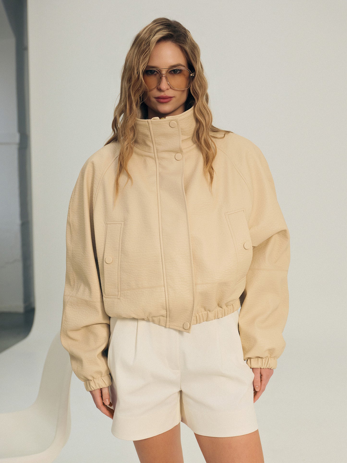 PU coated textile bomber jacket in vanilla color