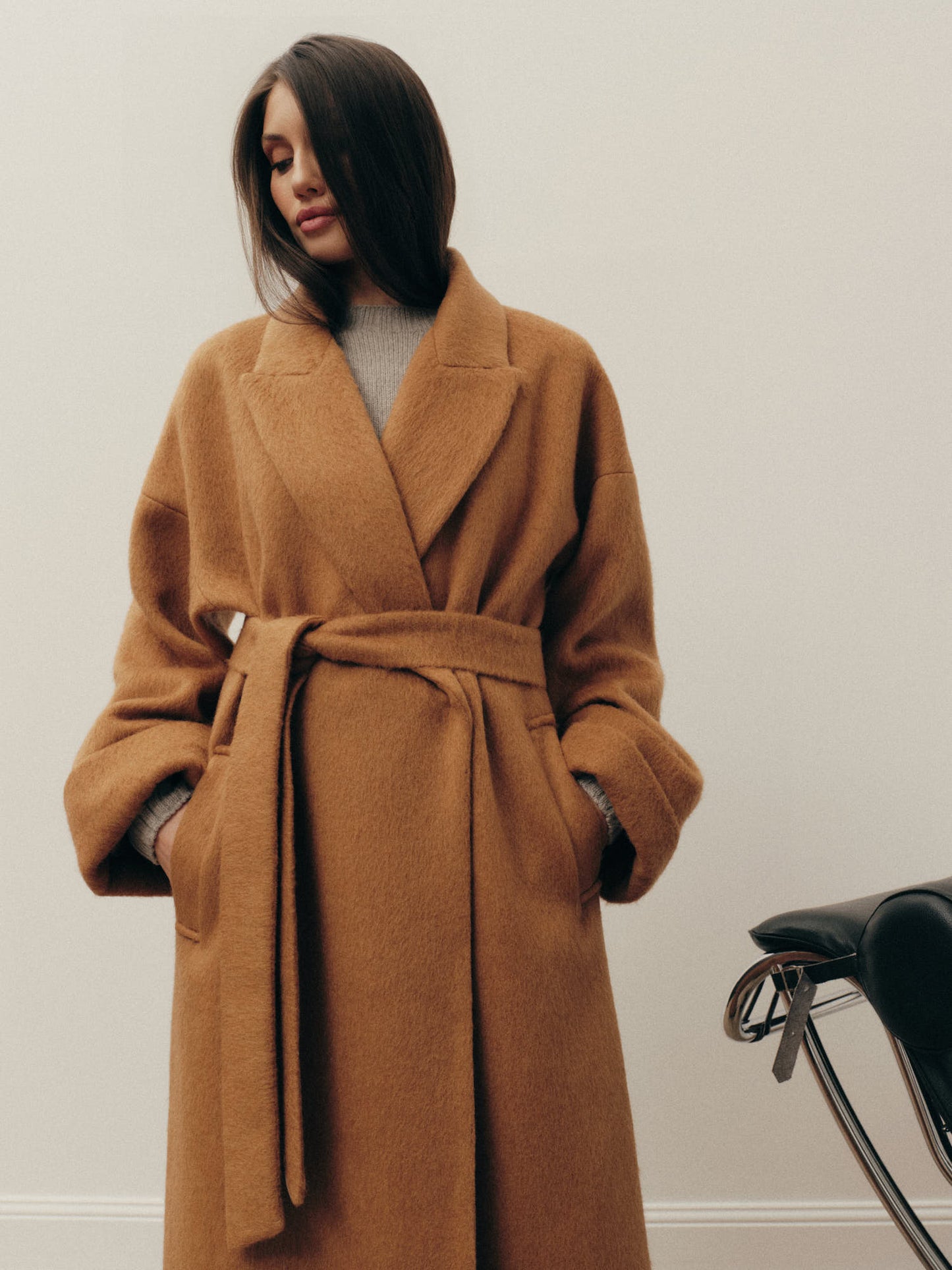 Siena winter belted coat in wool mohair blend