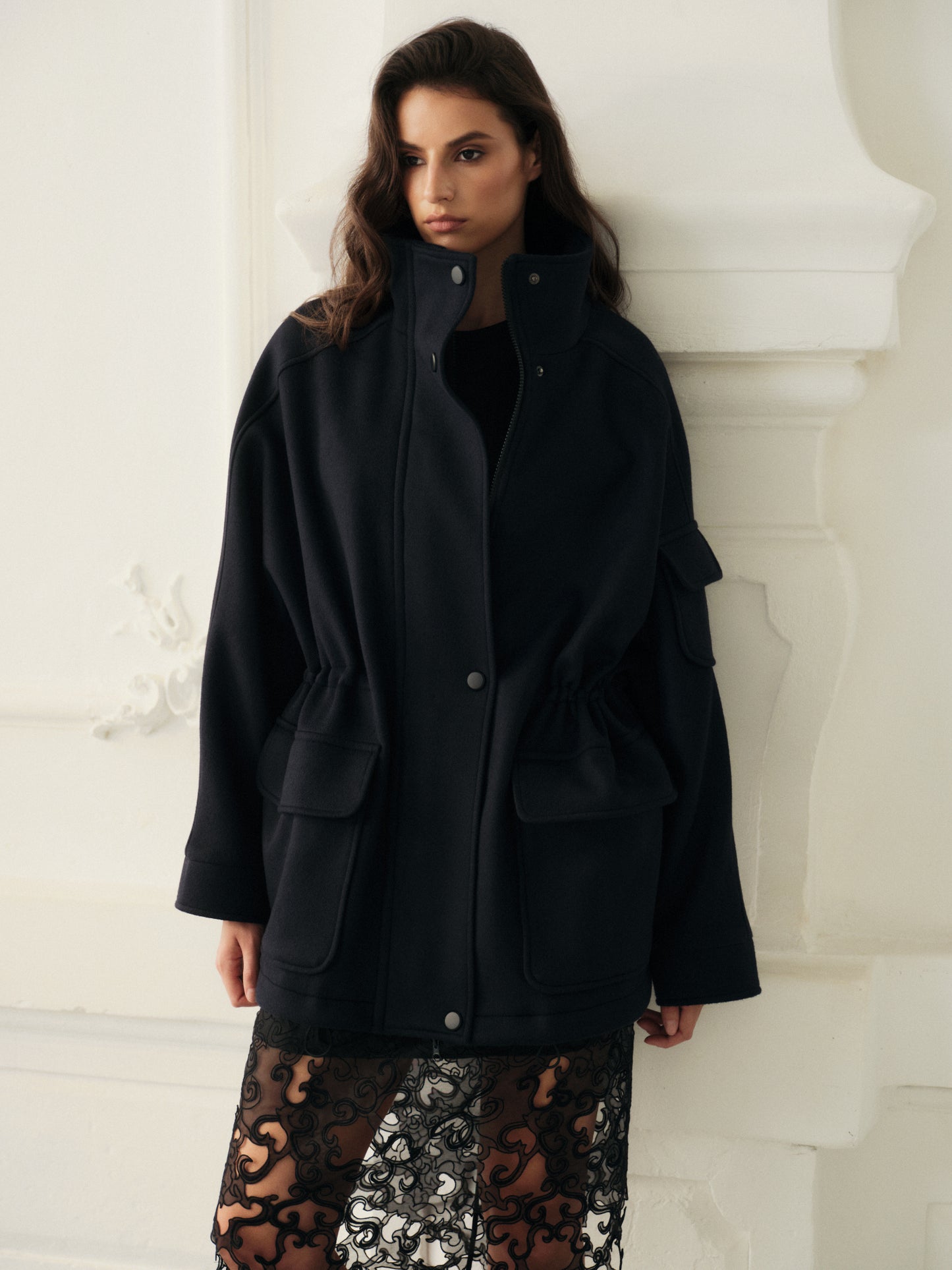 Trending wool utility jacket in deep navy cashmere blend