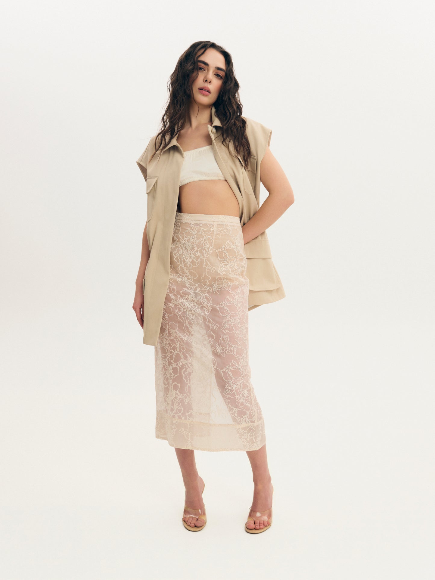 Embroidered silk organza skirt with nude undershorts