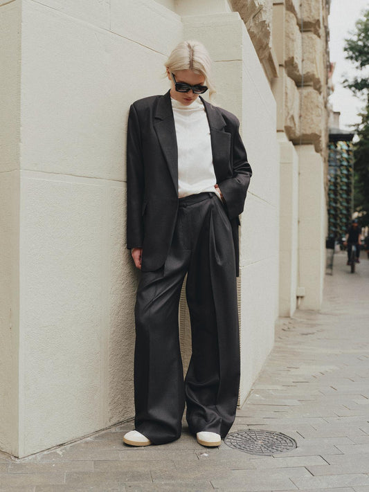 Two-piece contemporary fit suit with Ralph blazer and palazzo pants in structured wool silk blend
