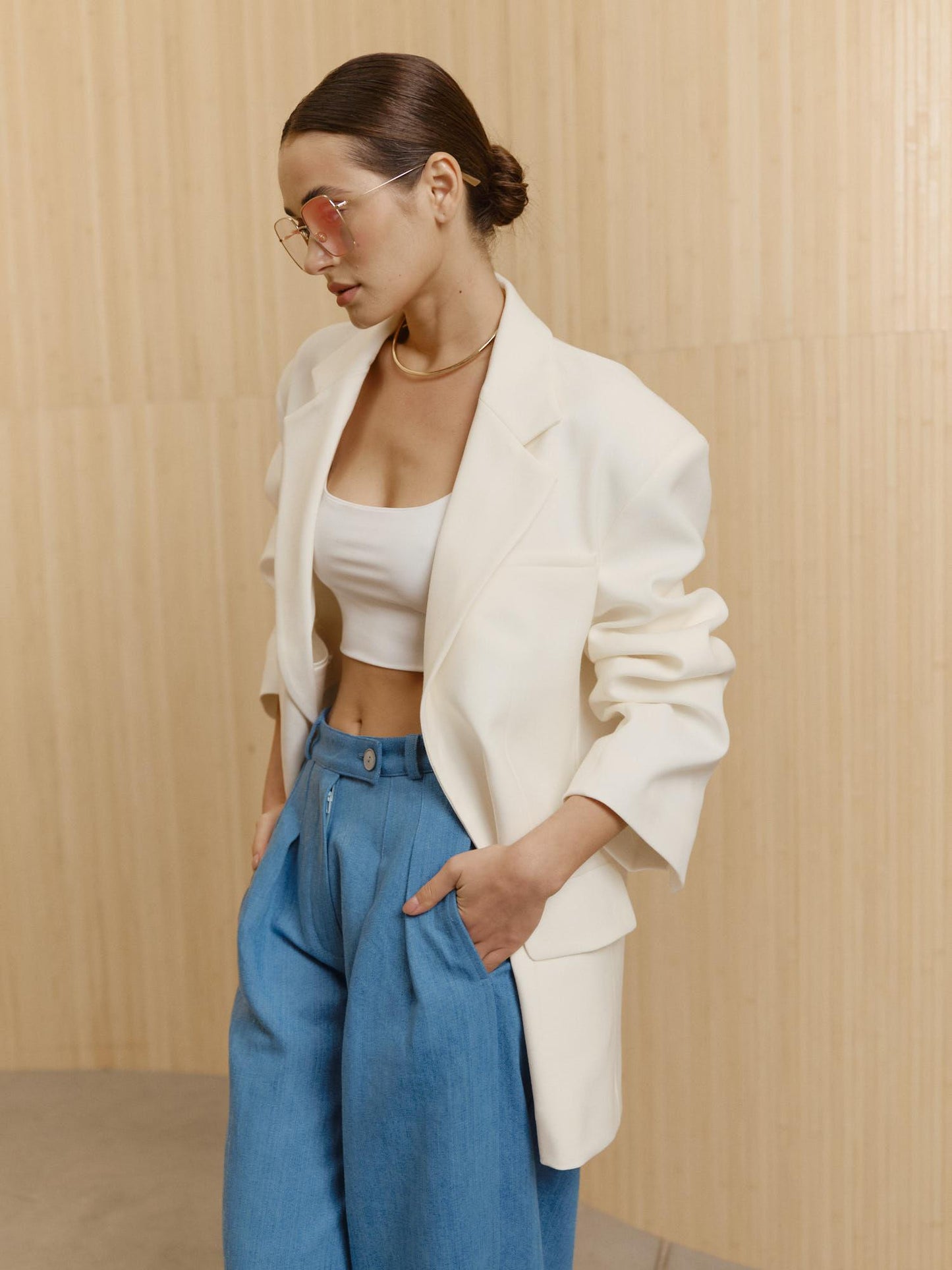 TAYRA draped accent sleeve fine wool blazer