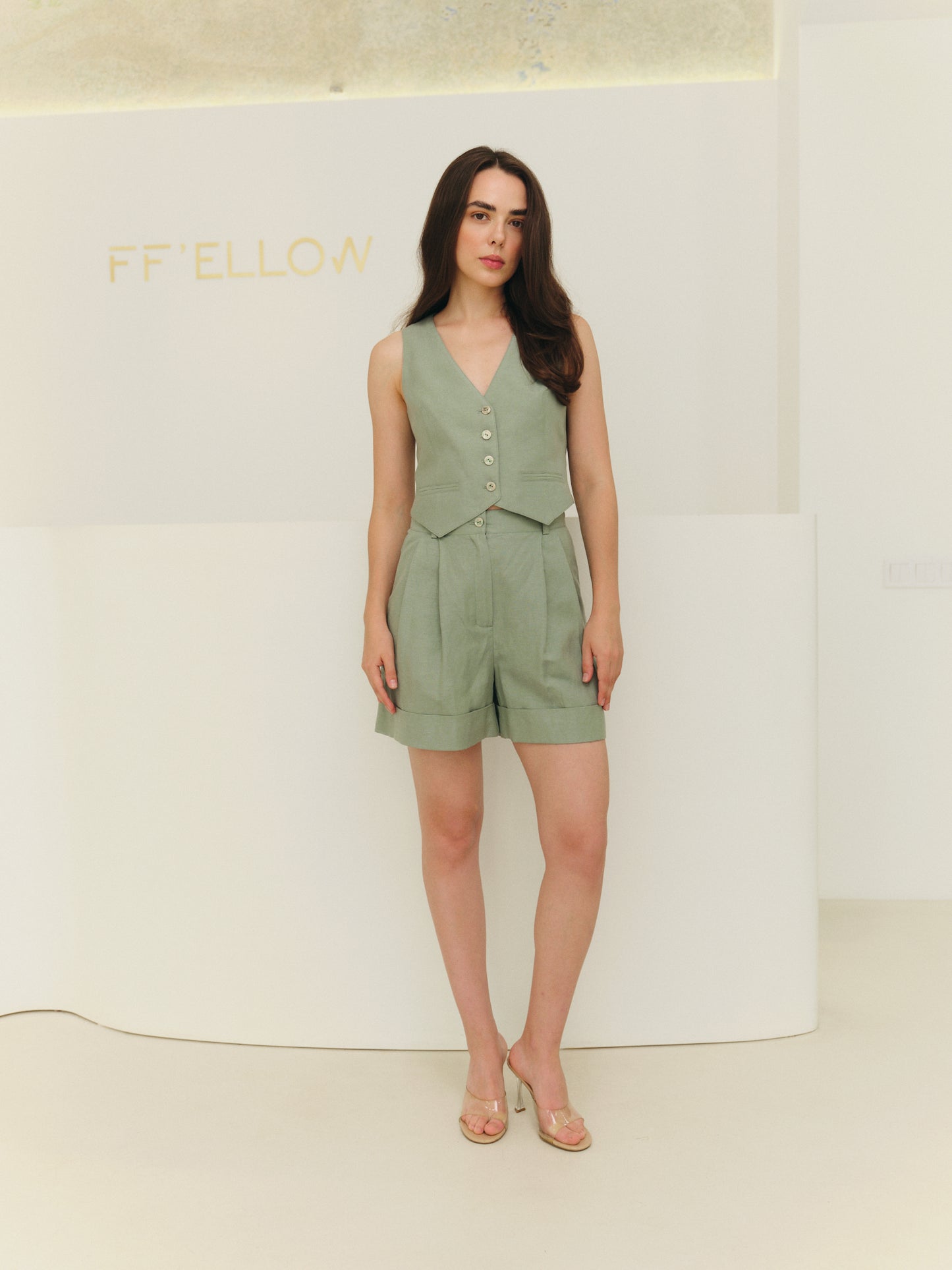 Two-piece linen silk blend suit with shorts and buttoned vest