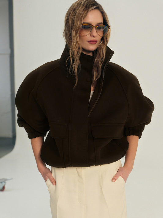 High neck bomber jacket in chocolate virgin wool