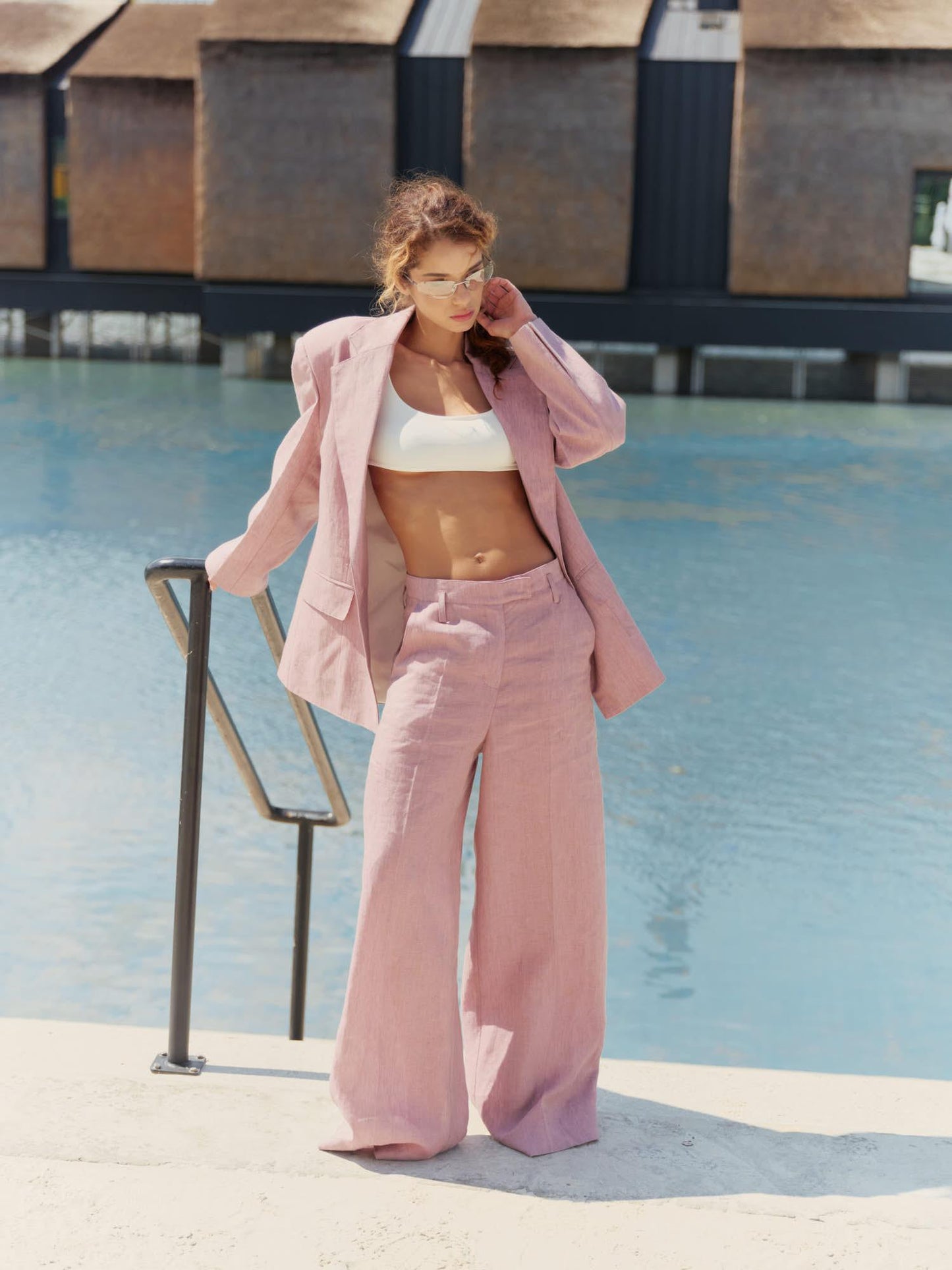 Two-piece loose fit suit with Alex palazzo in dusty rose linen