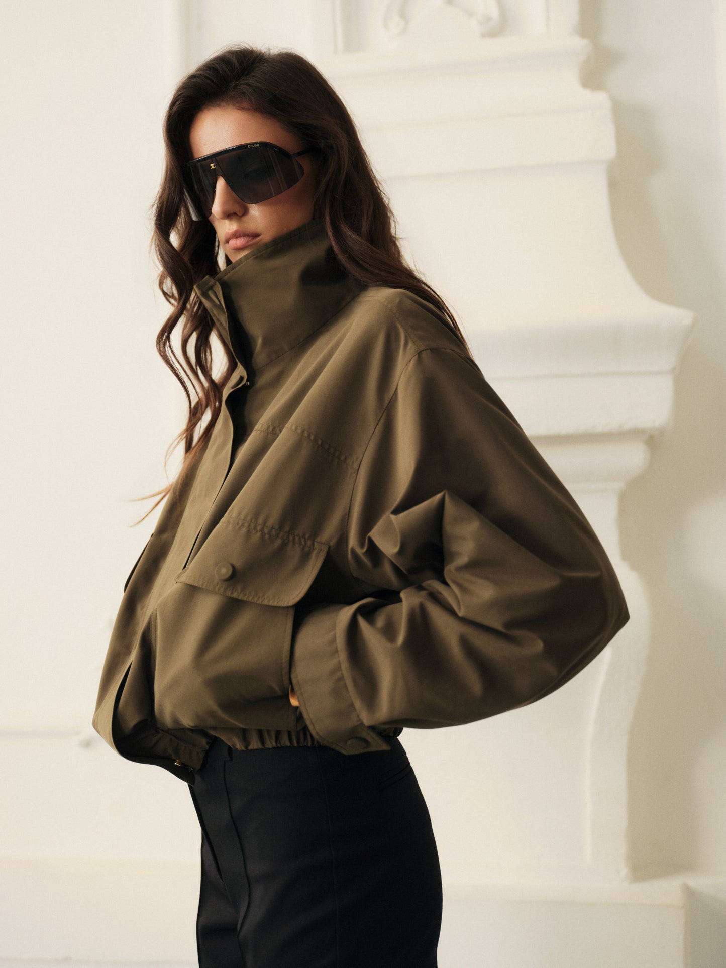 Lightweight high neck bomber jacket with pockets