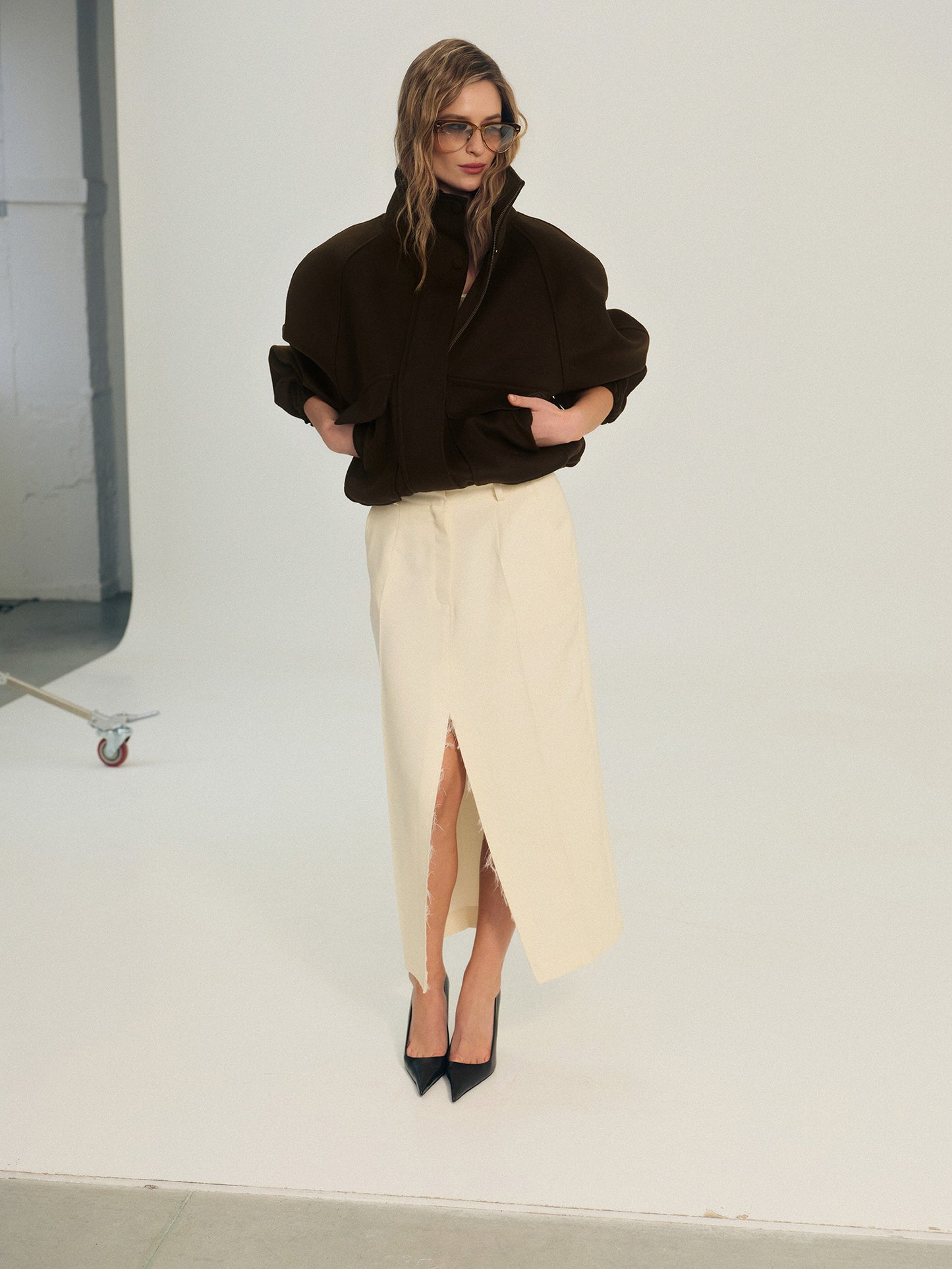 Double slit maxi skirt in cream wool blend