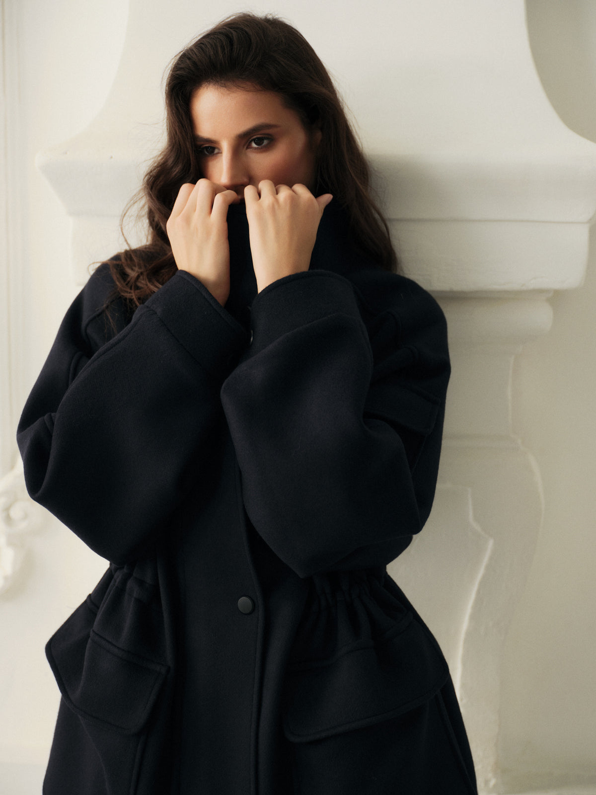 Trending wool utility jacket in deep navy cashmere blend