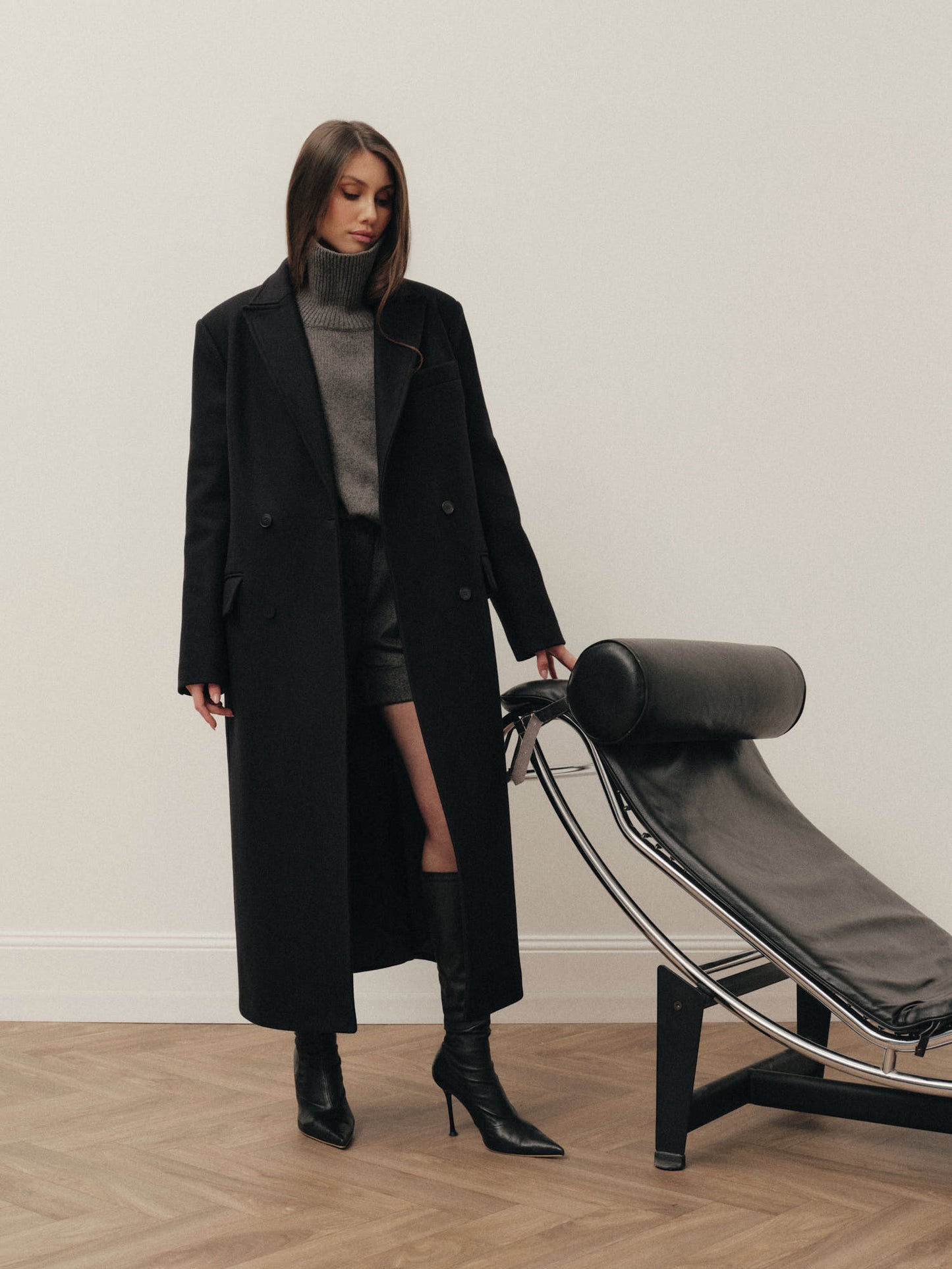 Straight fit midi wool coat with accent buttons