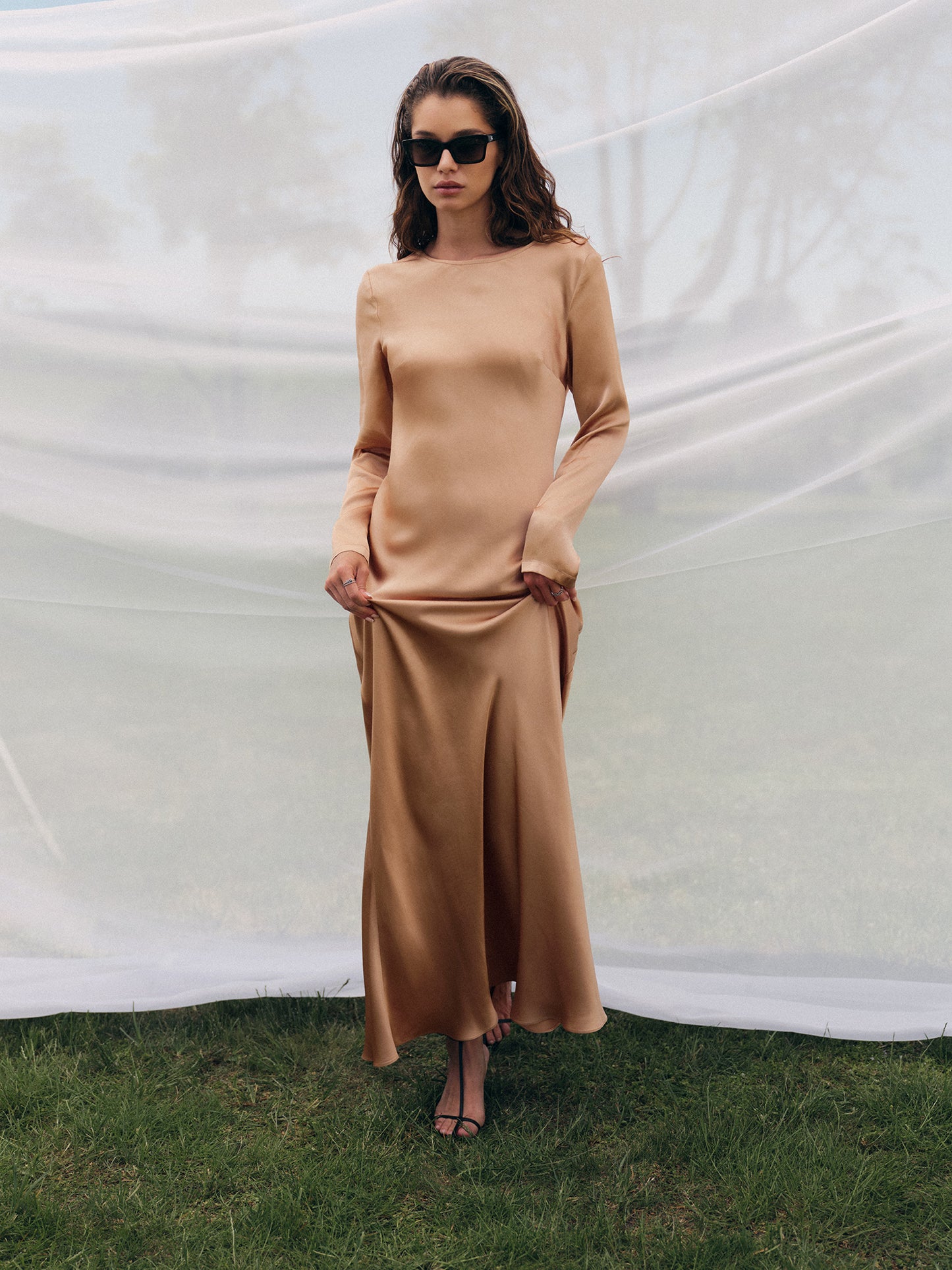 Long-sleeve maxi viscose slip dress