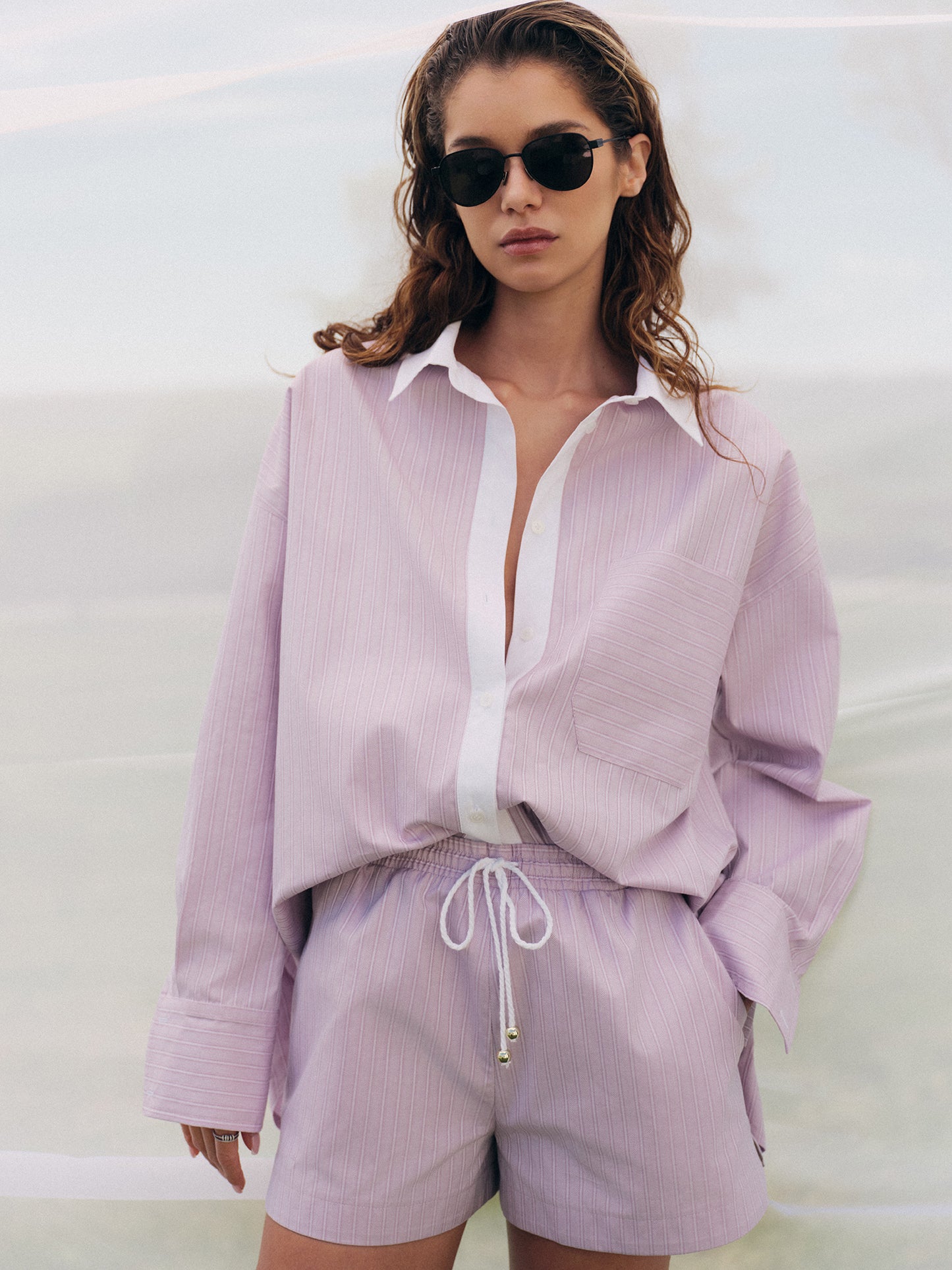Two-piece set with oversized shirt and matching relaxed fit shorts in purple cotton