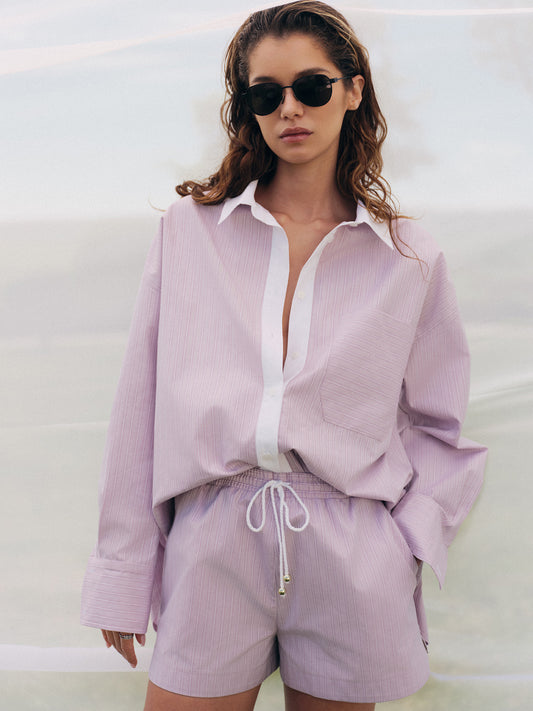 Two-piece set with oversized shirt and matching relaxed fit shorts in purple cotton