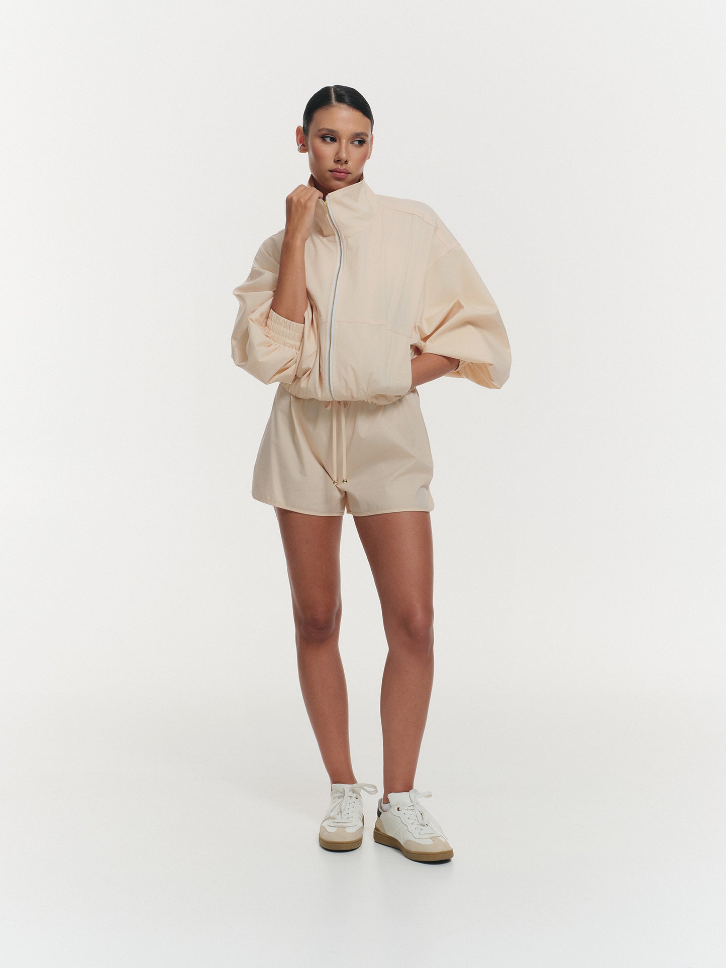 Lightweight high neck jacket in blush peach