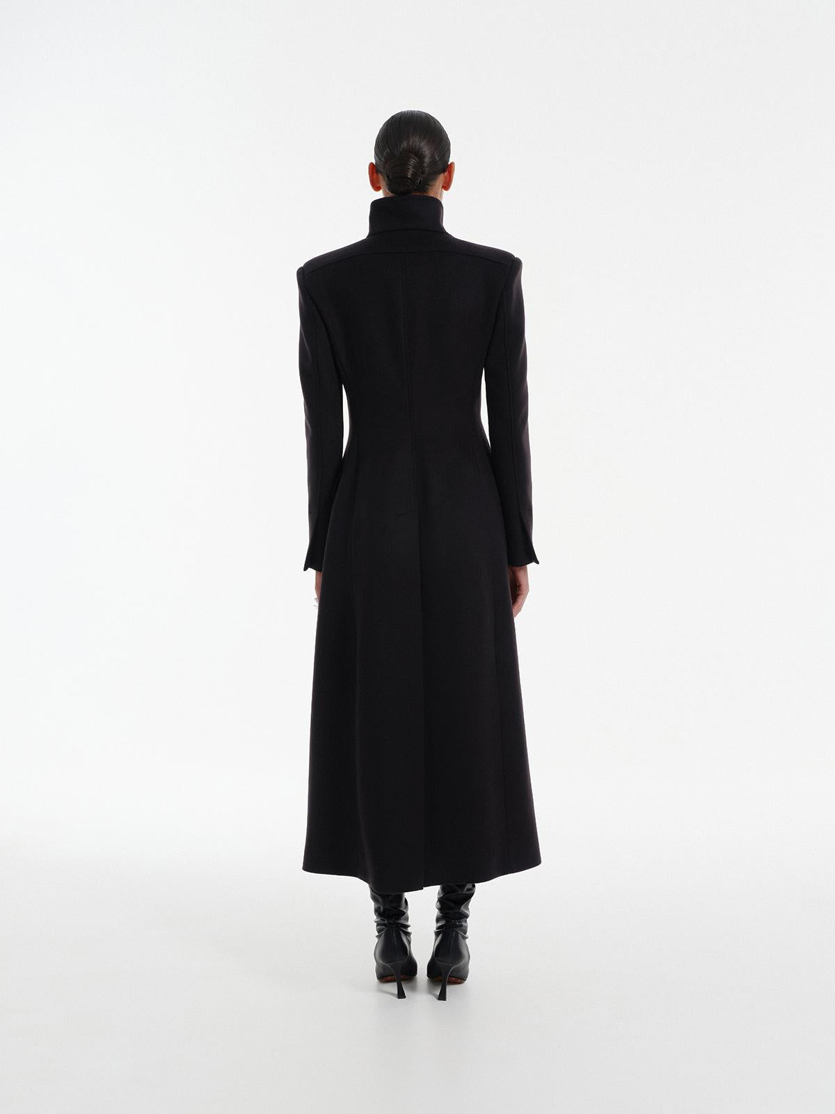 Nikko slim fit double breasted maxi coat in premium black wool