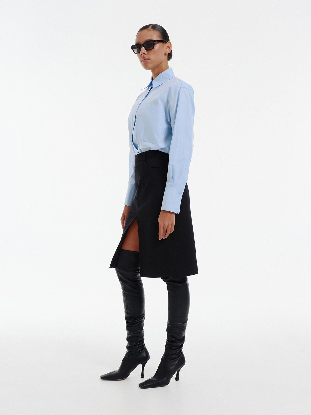 Front slit wool midi skirt