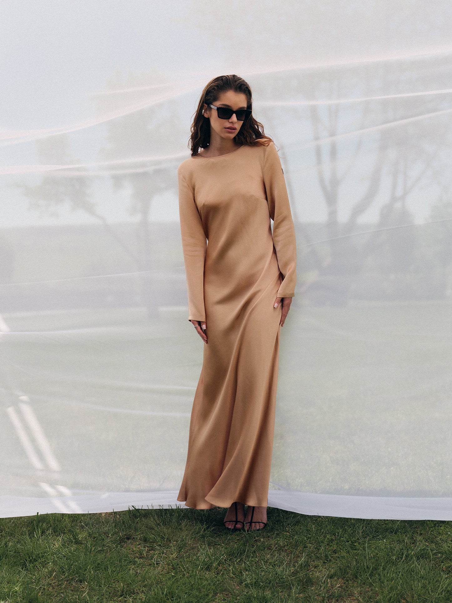 Long-sleeve maxi viscose slip dress
