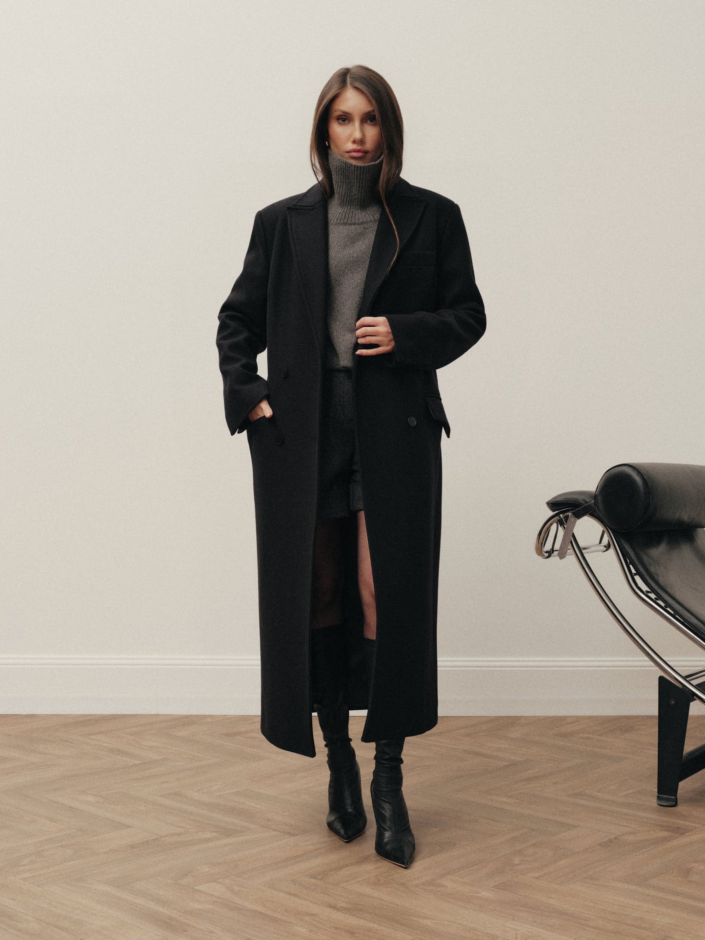 Straight fit midi wool coat with accent buttons