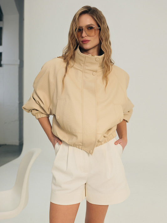 PU coated textile bomber jacket in vanilla color