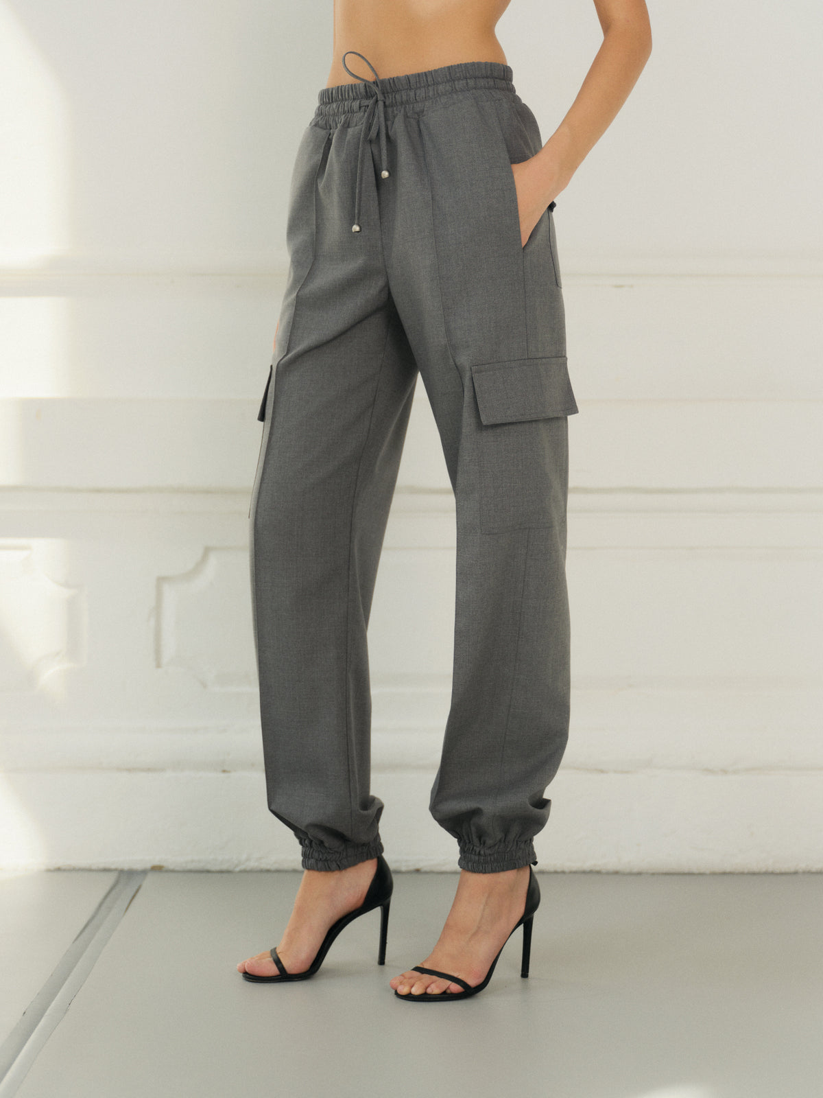 Yasmine stitched-in crease wool  pants with cargo pockets