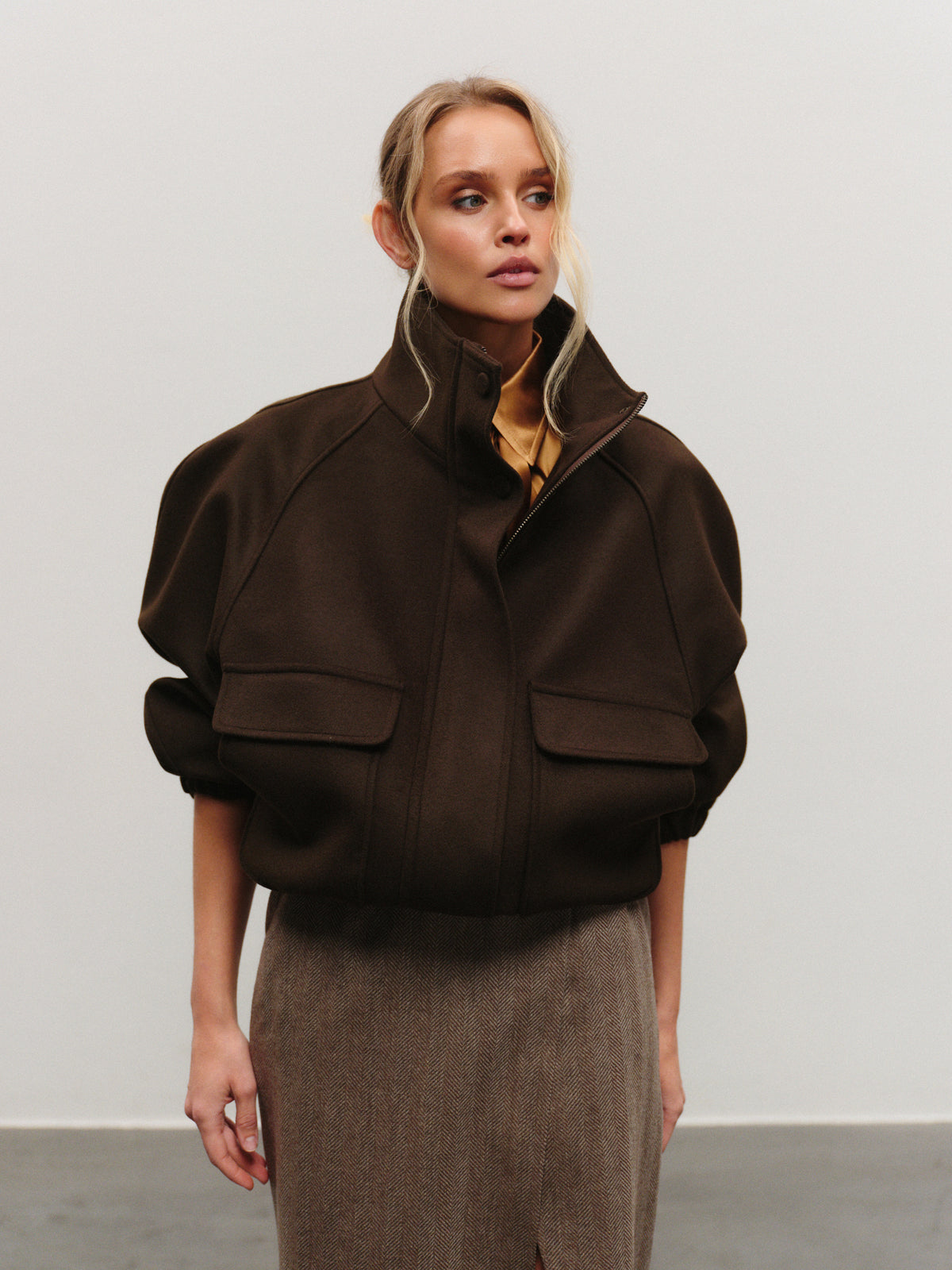 Warm bomber jacket in deep chocolate wool