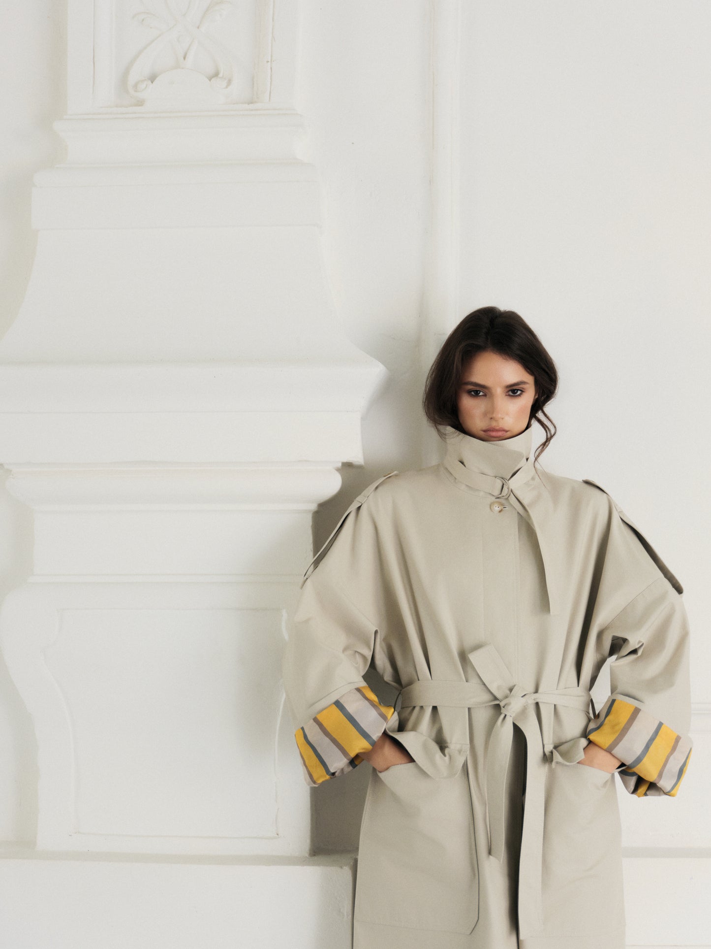 Brooklyn waterproof cotton maxi trench coat with accent rolled-up sleeves