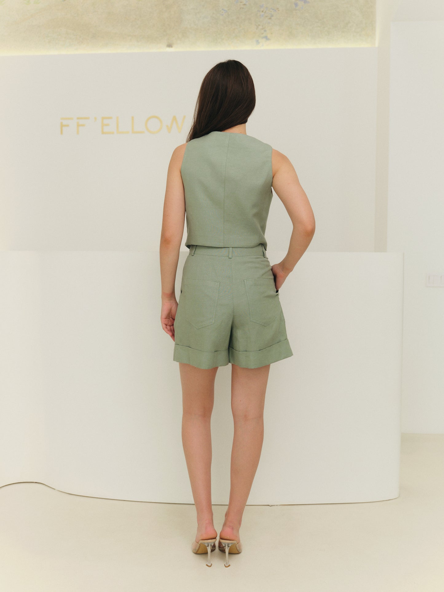 Two-piece linen silk blend suit with shorts and buttoned vest