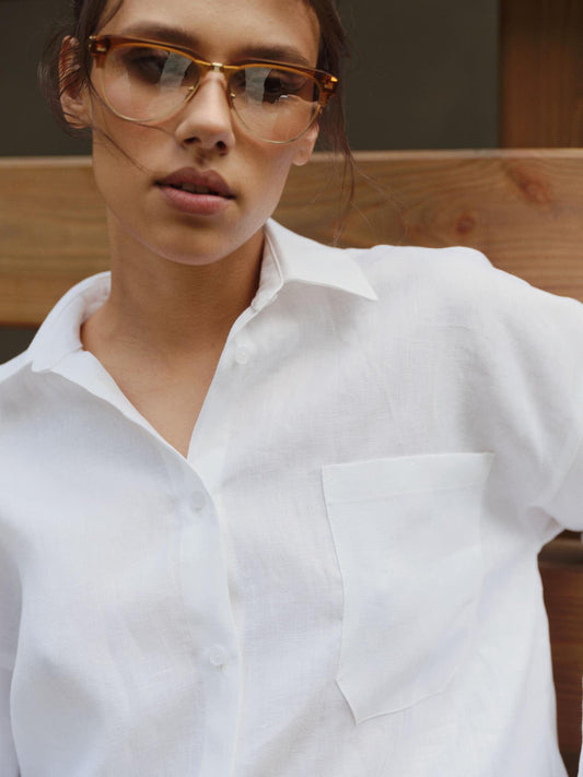 Relaxed fit white linen shirt with breast pocket