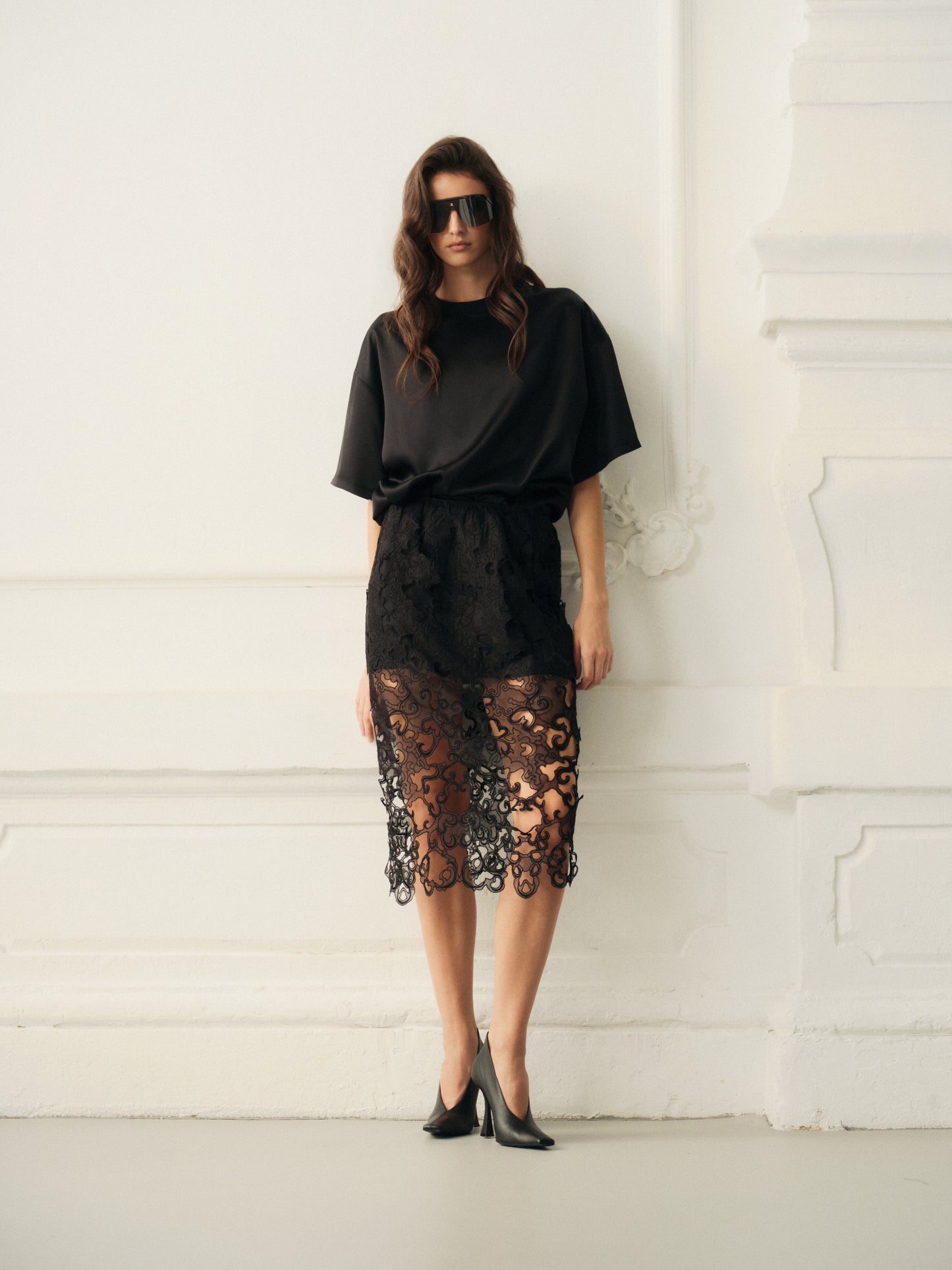 Silk lace midi skirt with underskirt