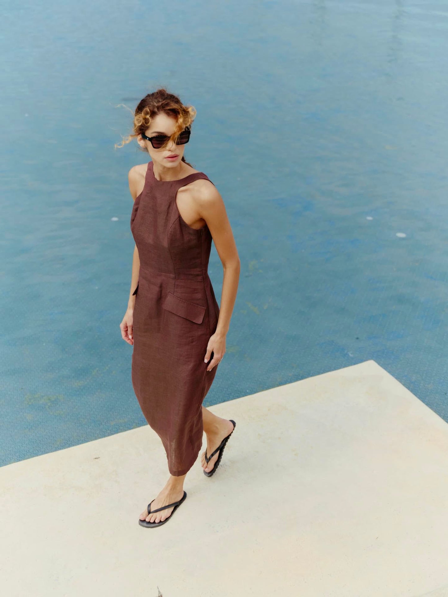 High neck fitted dress in structured linen