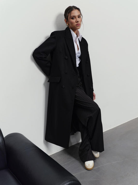 Relaxed wool cashmere maxi coat with accent satin buttons