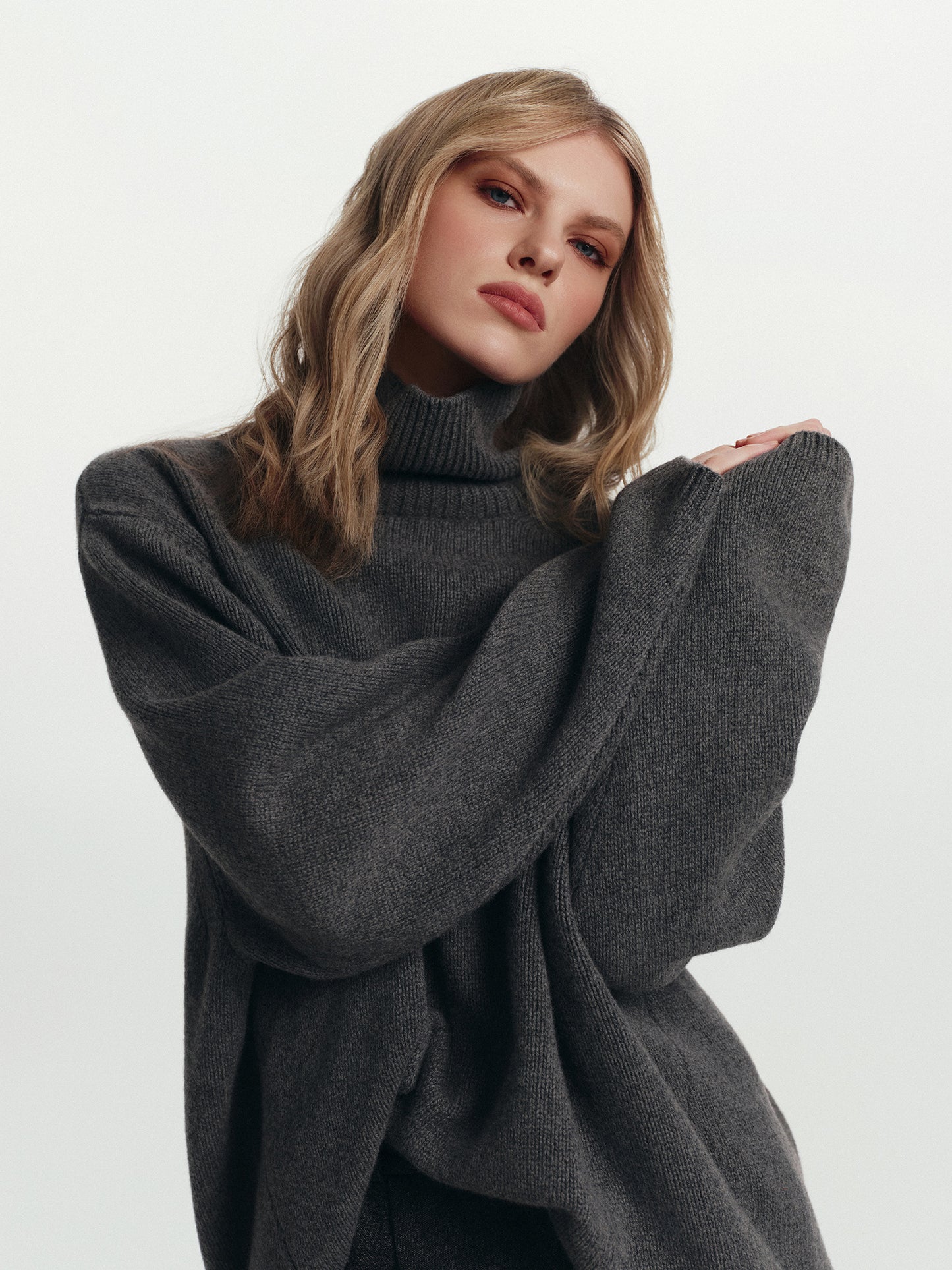 High neck oversized cashmere sweater in deep grey