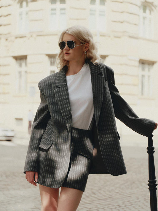 Two-piece warm set with Ralph contemporary fit wool jacket and mini skirt