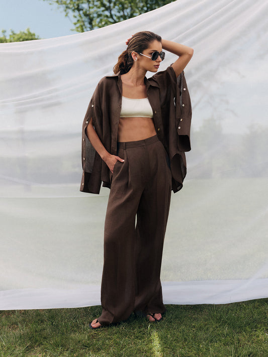Oversized shirt with accent buttoned sleeves with wide-leg pants in tobacco silk linen