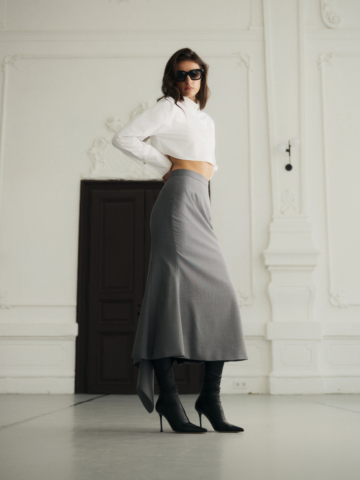 Megan asymmetric fine wool midi skirt