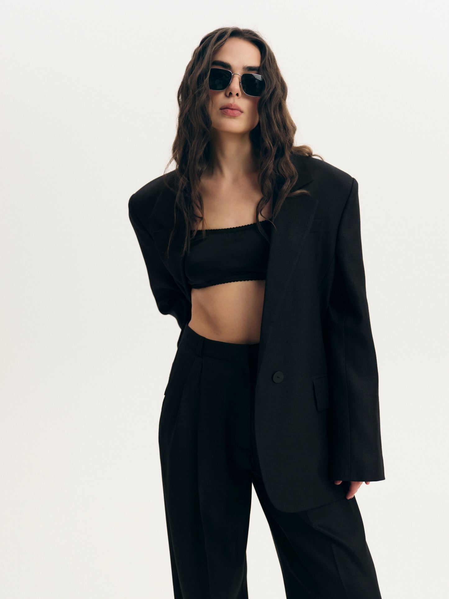 Two-piece contemporary fit suit with Ralph blazer and palazzo pants in structured wool silk blend