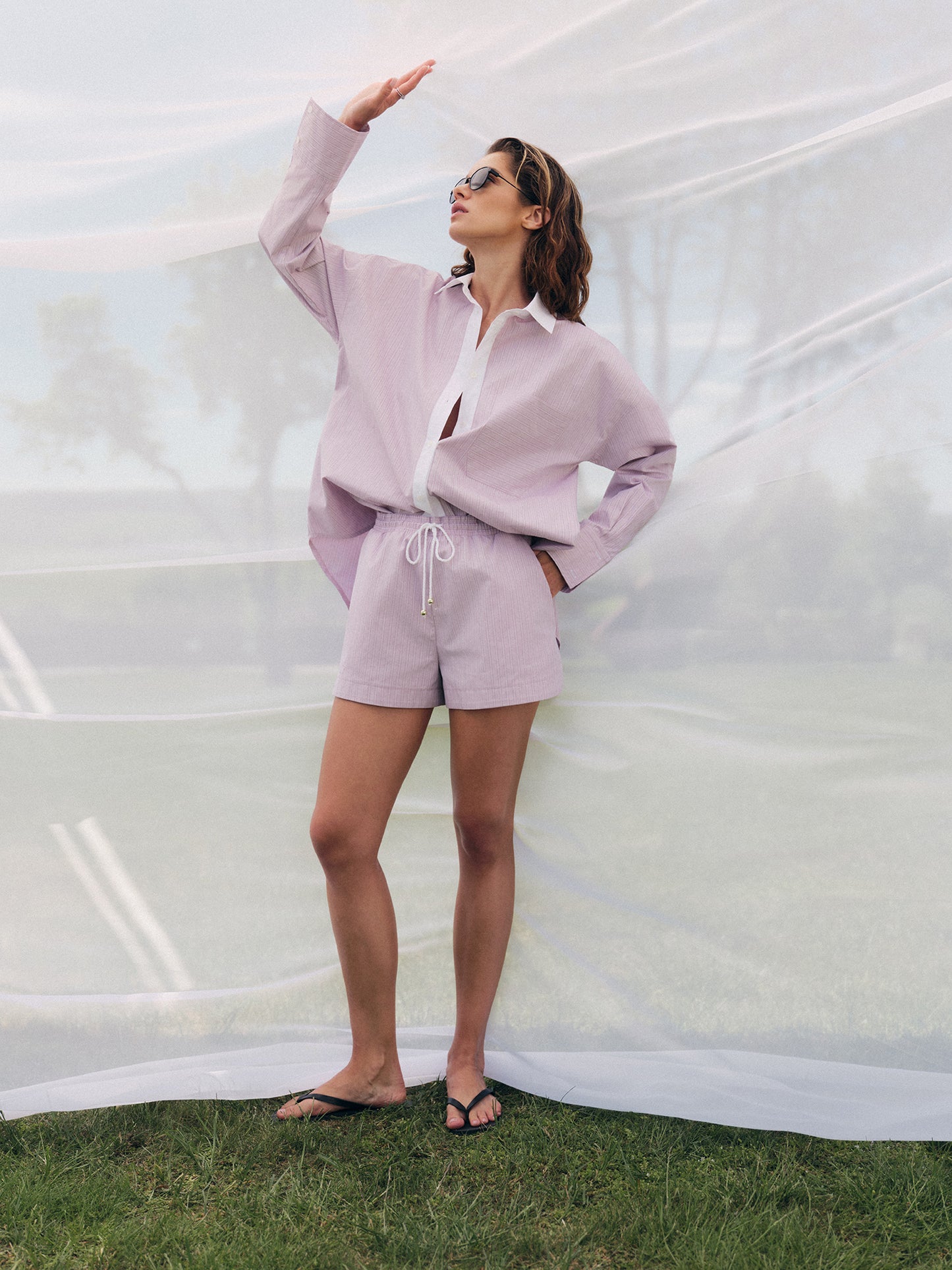 Two-piece set with oversized shirt and matching relaxed fit shorts in purple cotton