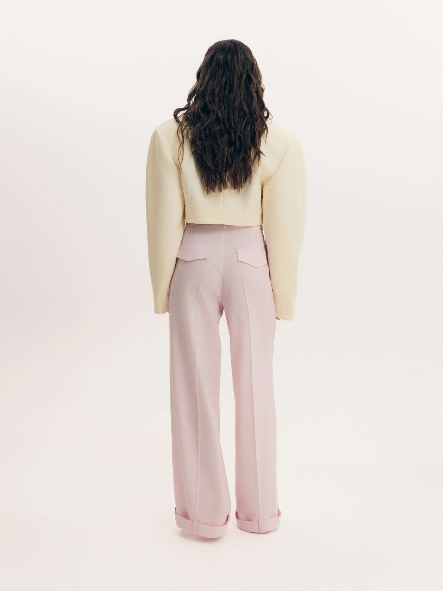 Wide-leg statement color wool pants with accent convertible hem