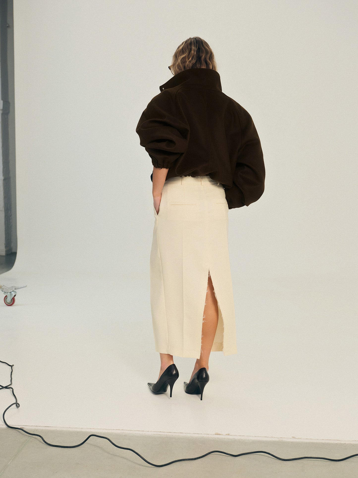 High neck bomber jacket in chocolate virgin wool