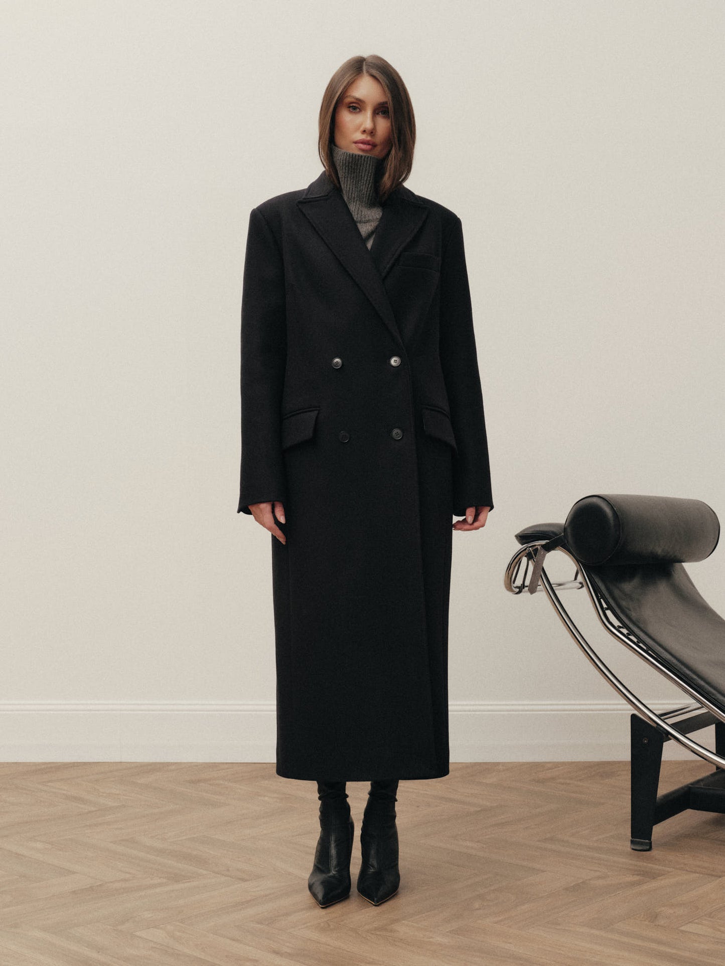 Straight fit midi wool coat with accent buttons