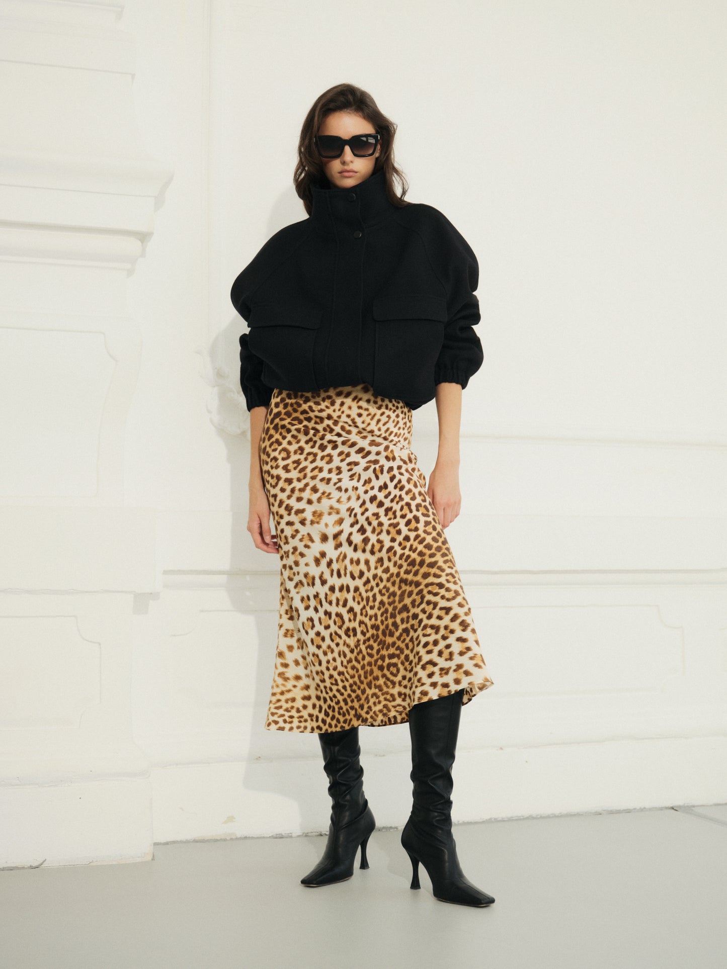 Two-piece silk set with midi skirt and loose fit blouse