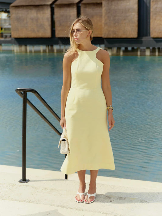 Audrey midi dress in powder lime structured linen