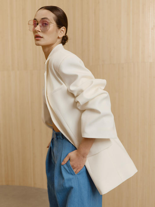 TAYRA draped accent sleeve fine wool blazer