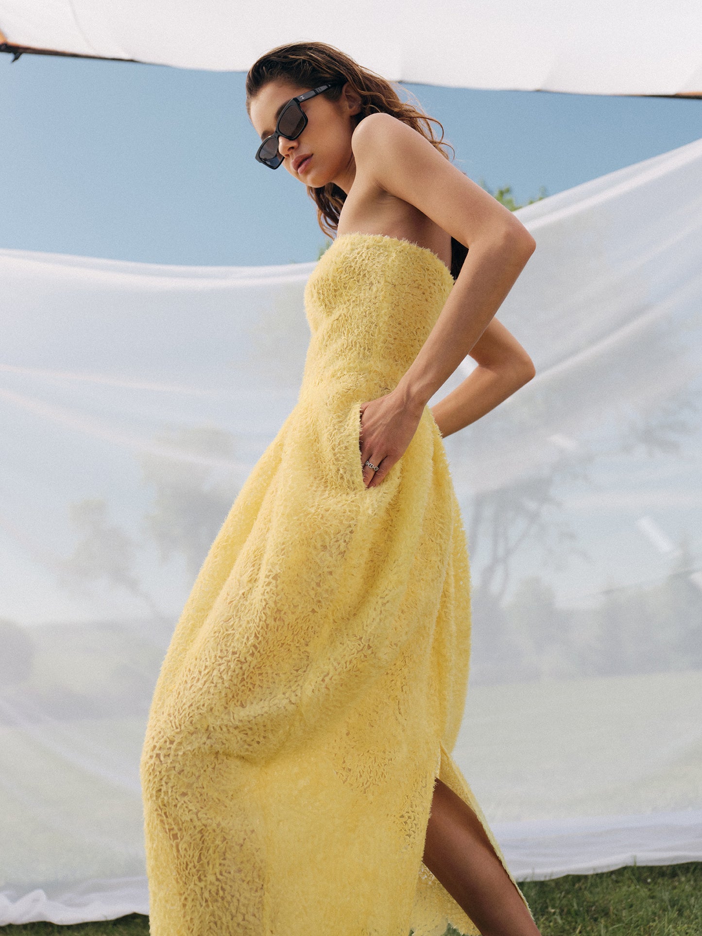 Amalfi strapless midi dress in volume textured viscose blend